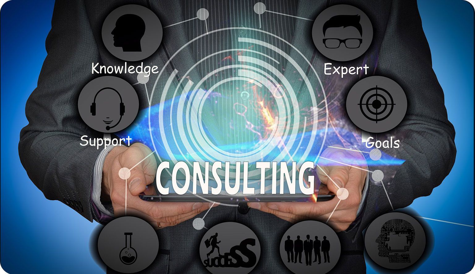 a person holding a tablet with the word consulting on it