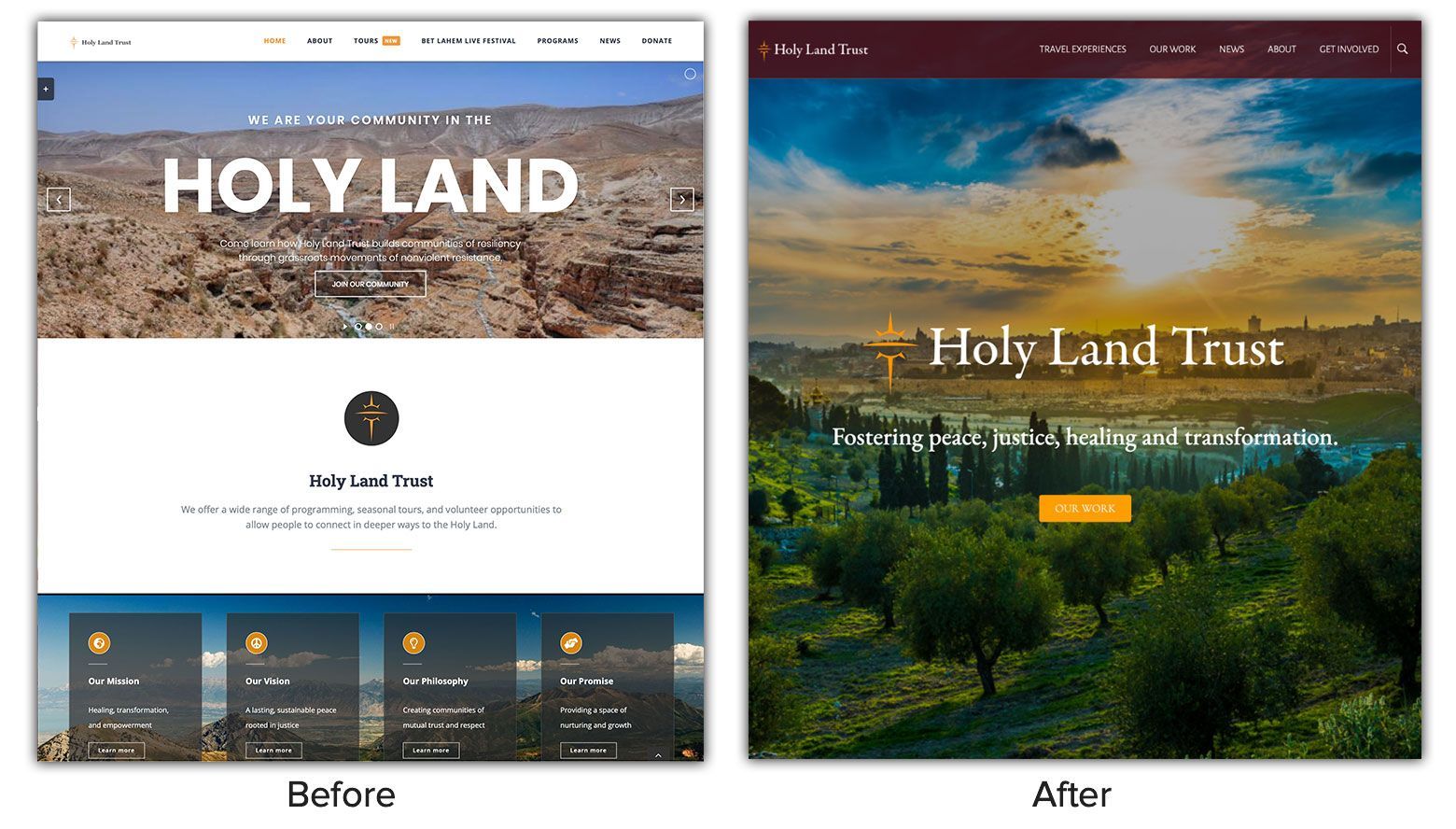 a before and after image of the holy land trust website