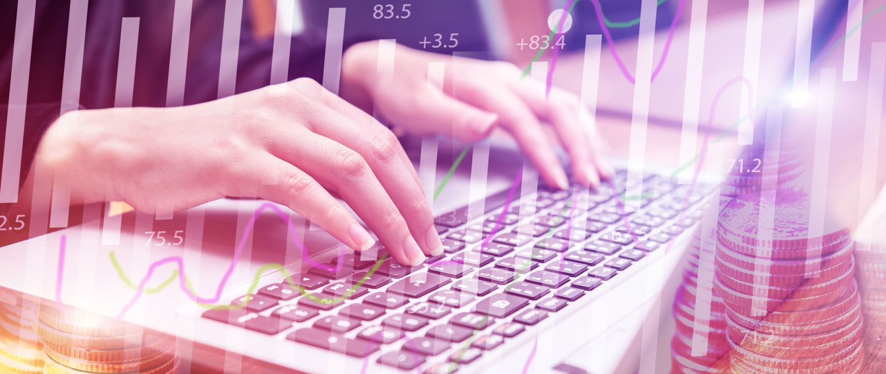 Hands typing on a laptop keyboard, overlaid with business data graphs in pink.