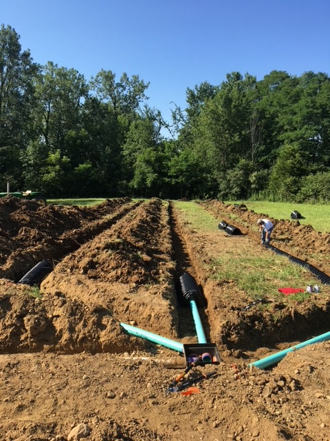 A row of pipes are being installed in the dirt in a field.