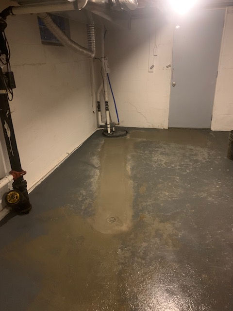 A basement with a concrete floor and a door.