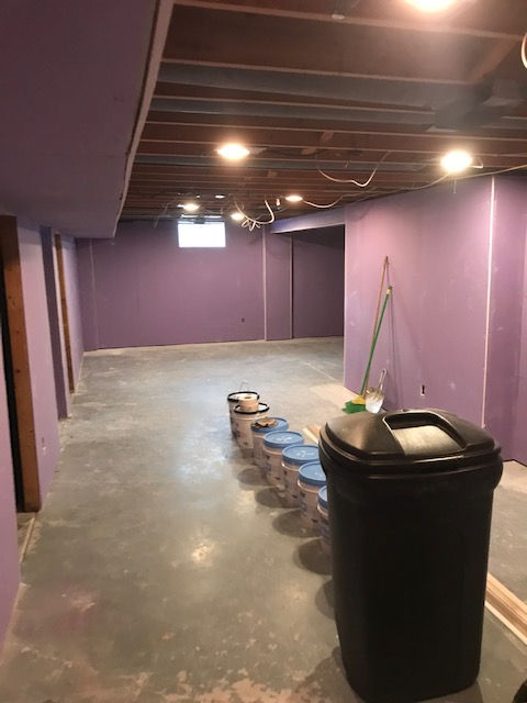 An empty basement with purple walls and a trash can