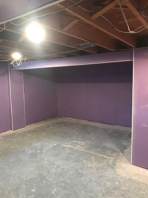 An empty basement with purple walls and a light on the ceiling.