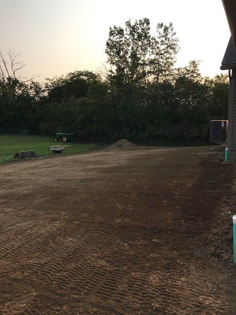 A dirt road leading to a house with trees in the background.
