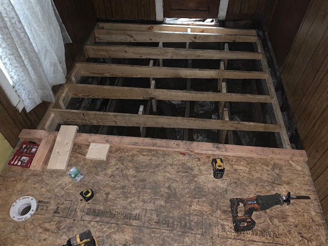 A wooden floor is being built in a room.