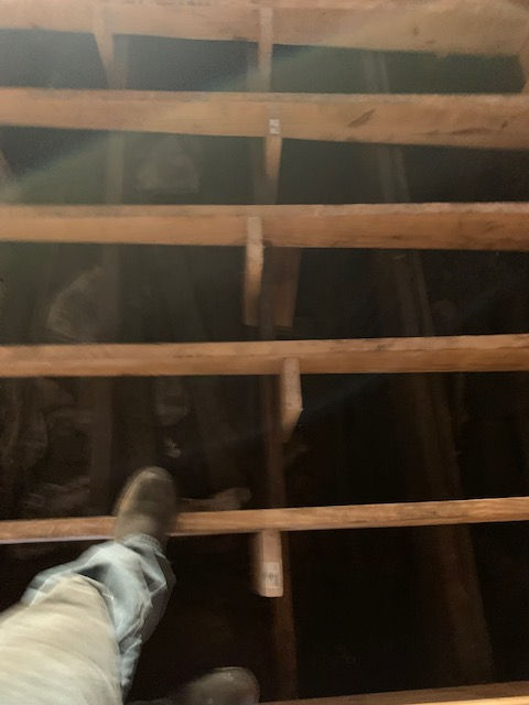 A person is standing on a wooden beam in a dark room.