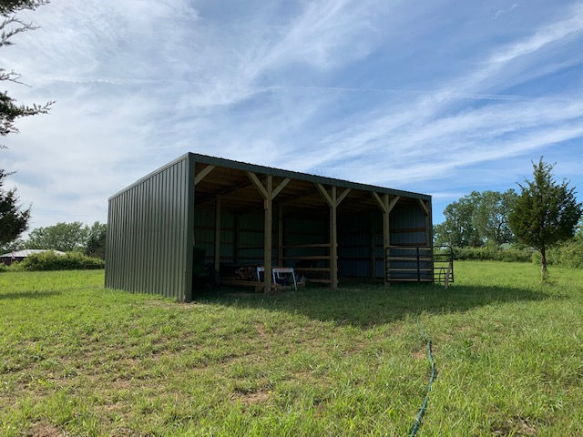 A shed is sitting in the middle of a grassy field.