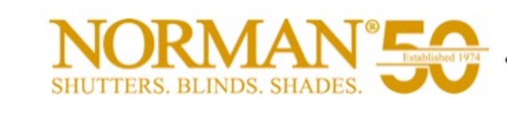 Logo for Norman brand of shutters, blinds, and shades; gold text and number