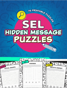 Cover of SEL Hidden Message Puzzles with printable puzzles: Social Smarts, Kindness, and Growth Mindset.