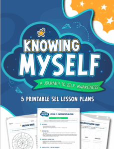 "Knowing Myself" cover: Cloud graphic with text "Knowing Myself: A Journey to Self Awareness" and preview of lesson plans.