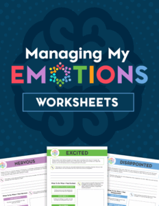 "Managing My Emotions Worksheets cover: Nervous, Excited, Disappointed. Colorful text on blue brain."