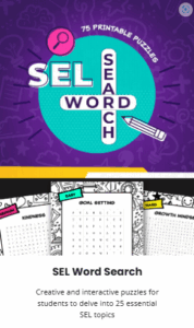 Cover for SEL word search book: purple and turquoise background, pencil, and puzzles.