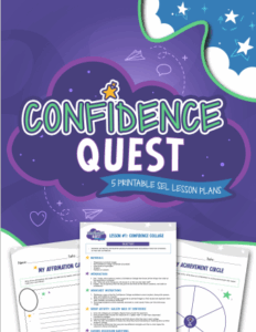 Cover for "Confidence Quest" SEL lesson plans: Purple design, green text, and printable worksheets.