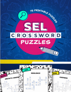 Cover of "SEL Crossword Puzzles" with examples, pink circle, blue background, magnifying glass, and pencil.