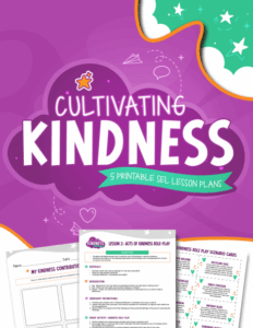 "Cultivating Kindness" lesson plans cover in purple cloud with star & sample pages."