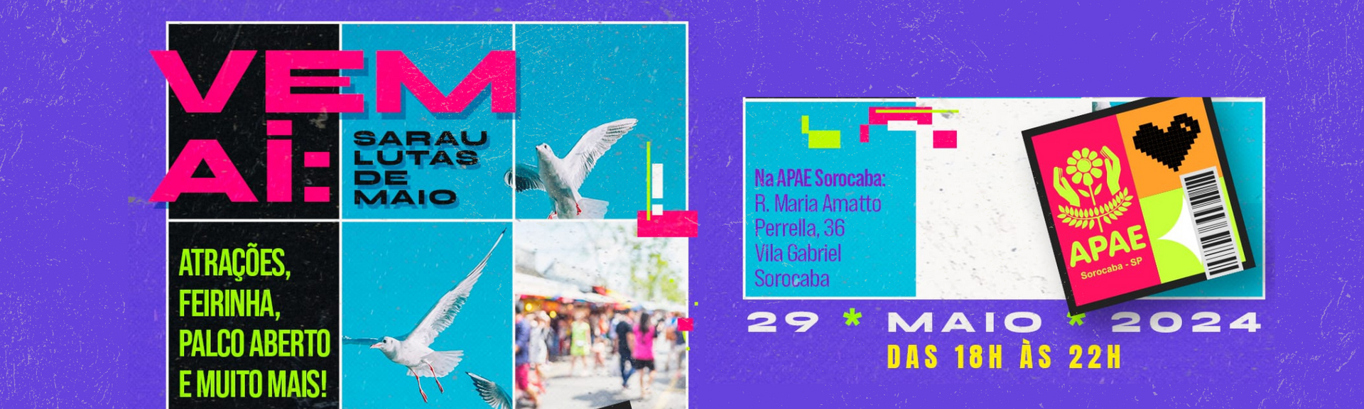 • Vem aí o Sarau Lutas de Maio 2024 •
Mais uma edição do nosso Sarau está chegando e queremos que você já anote na sua agenda para não perder, hein!
• Dia 29 de Maio Das 18h às 22h
• Na APAE Sorocaba: Rua Maria Amatto Perrella, 36 -
Vila Gabriel
Spoiler: Teremos atrações, feirinha de exposição, palco aberto e muito mais!
Atenção: as inscrições para o palco aberto já estão rolando! Faça já a sua pelo link na nossa bio!