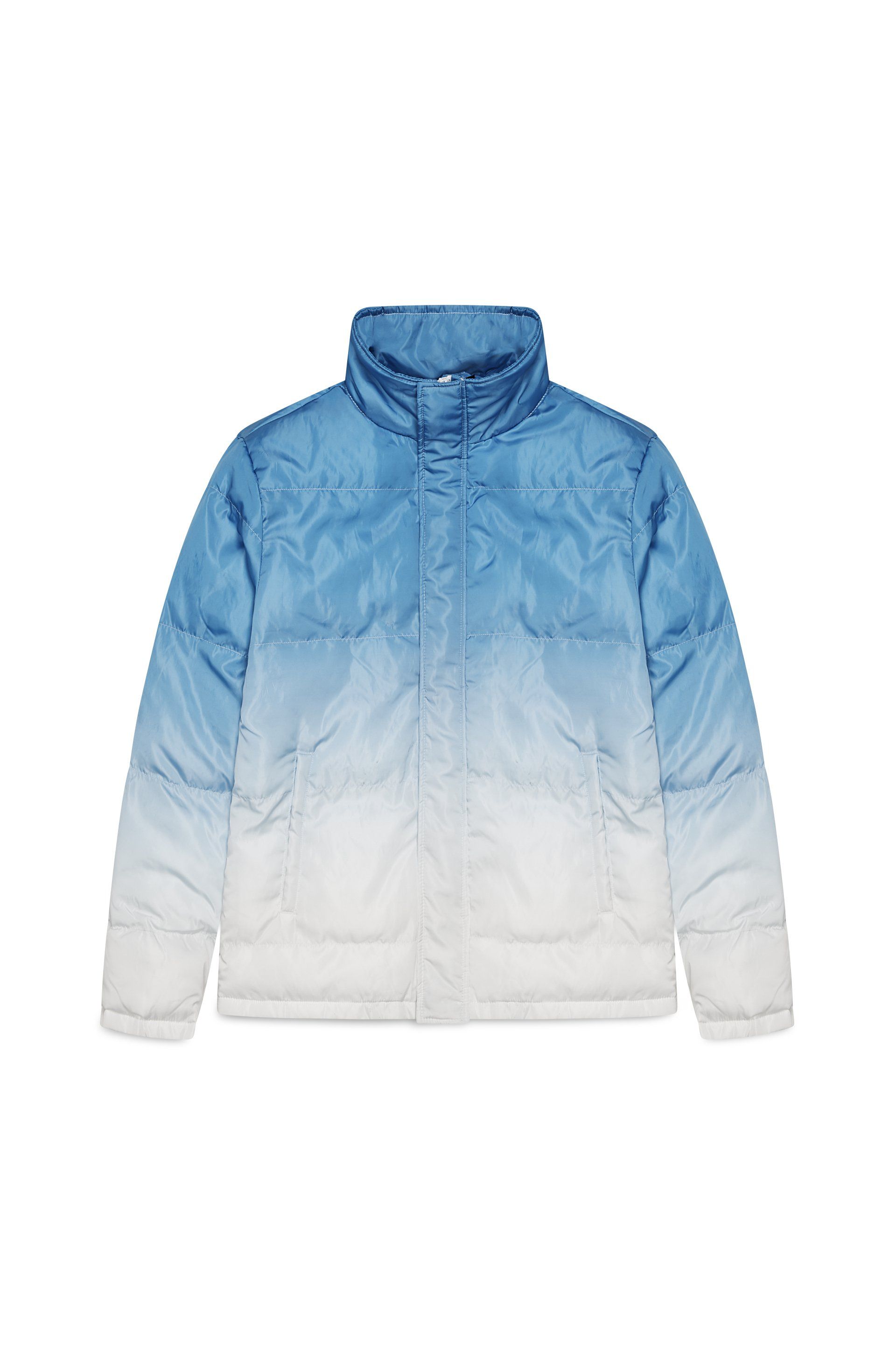 A blue and white ombre puffer jacket on a white background.