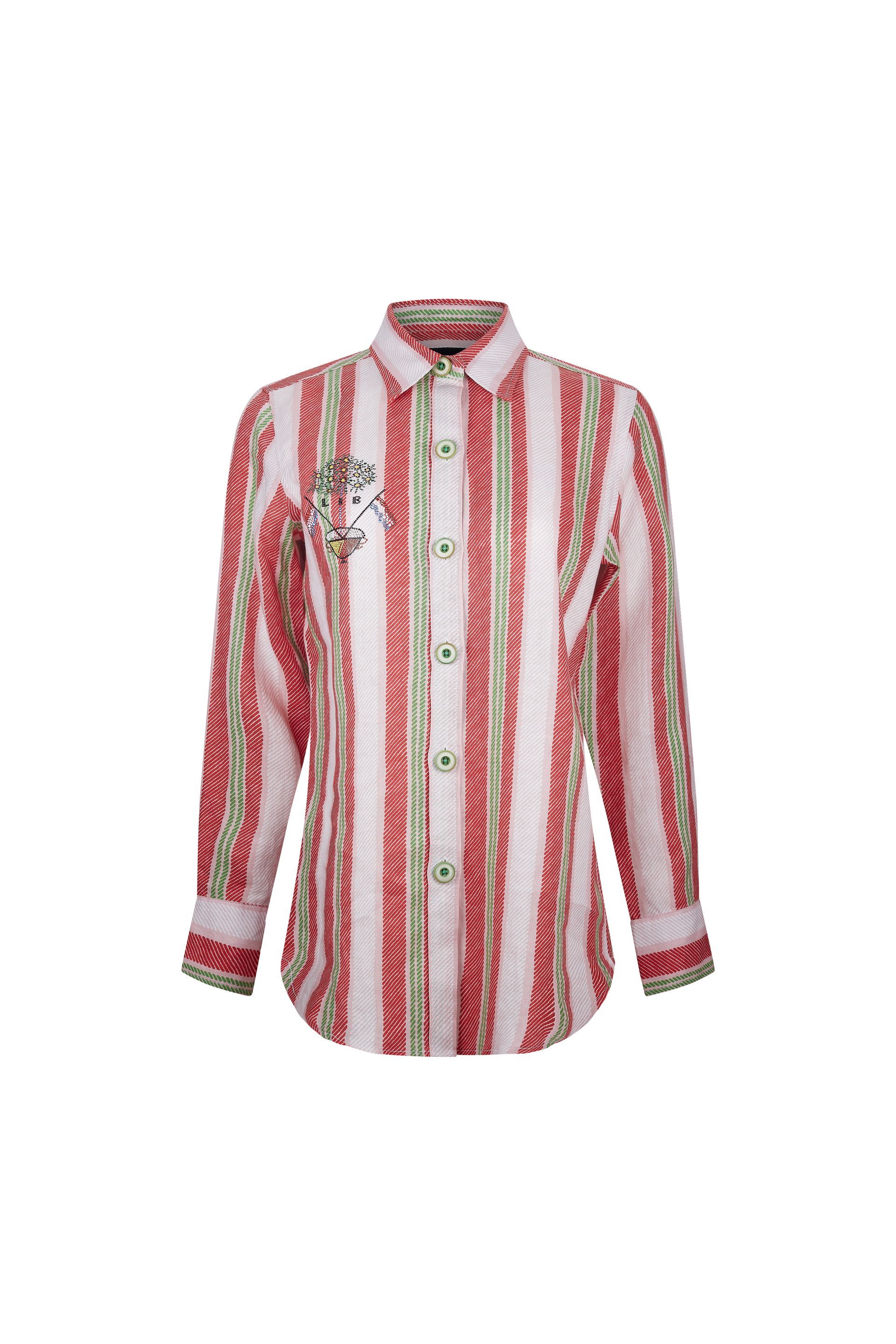 A red and white striped shirt with long sleeves on a white background.