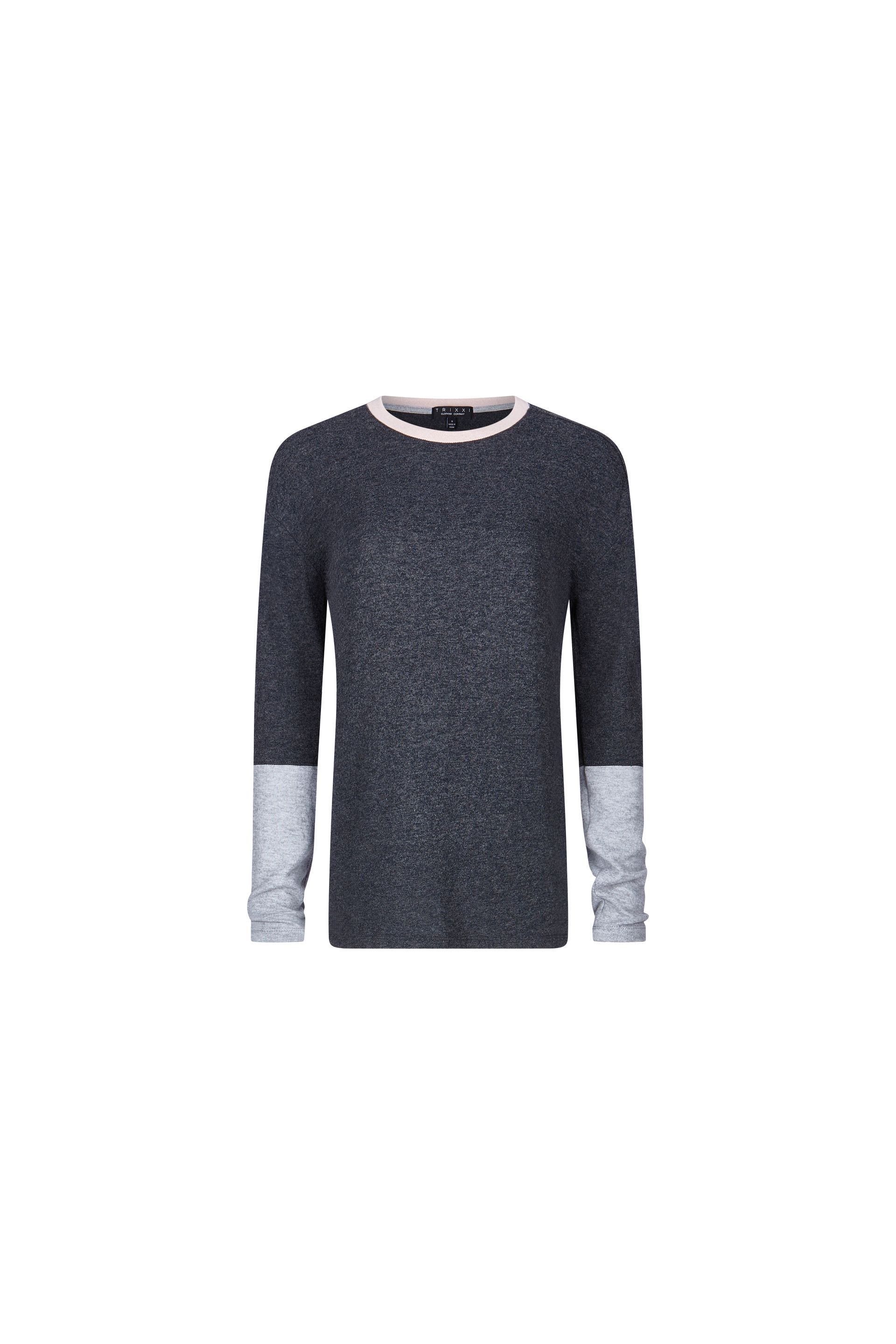 A black sweater with white sleeves on a white background.