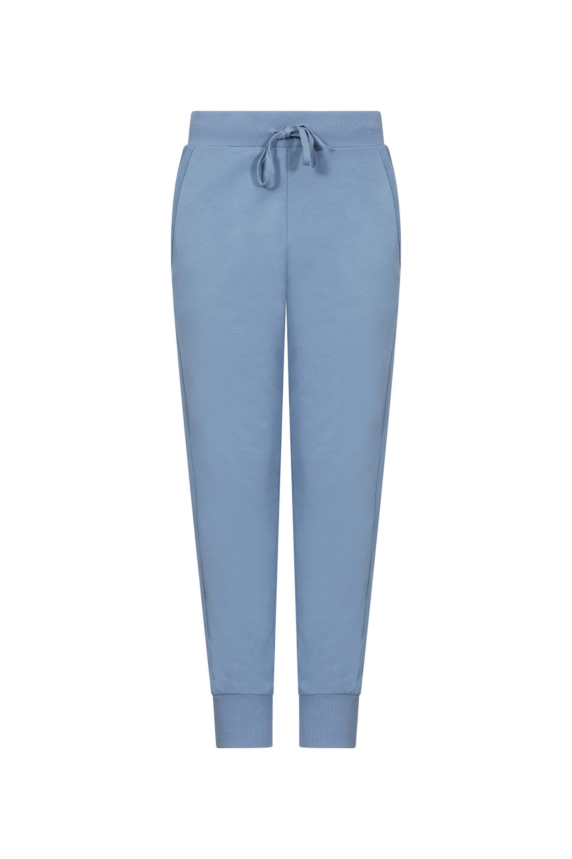A pair of light blue sweatpants with a drawstring waist on a white background.