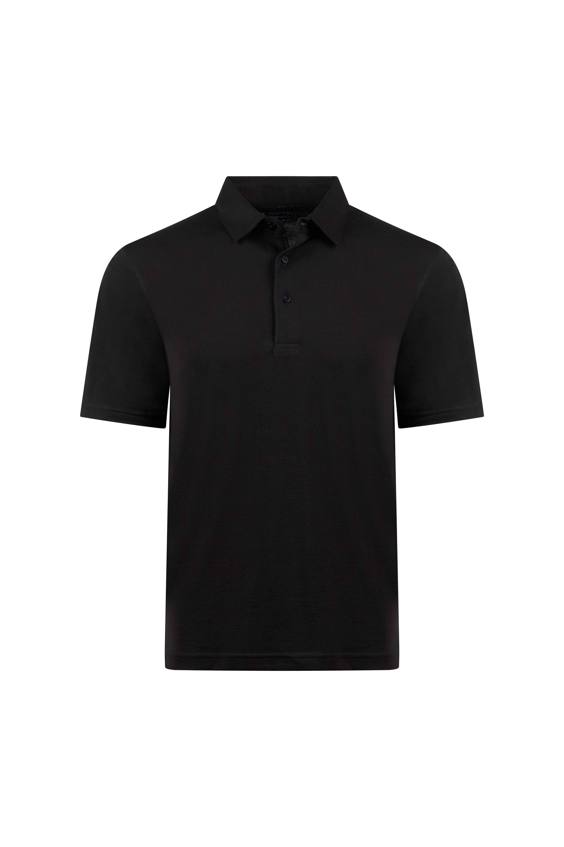 A black polo shirt with short sleeves and a collar on a white background.