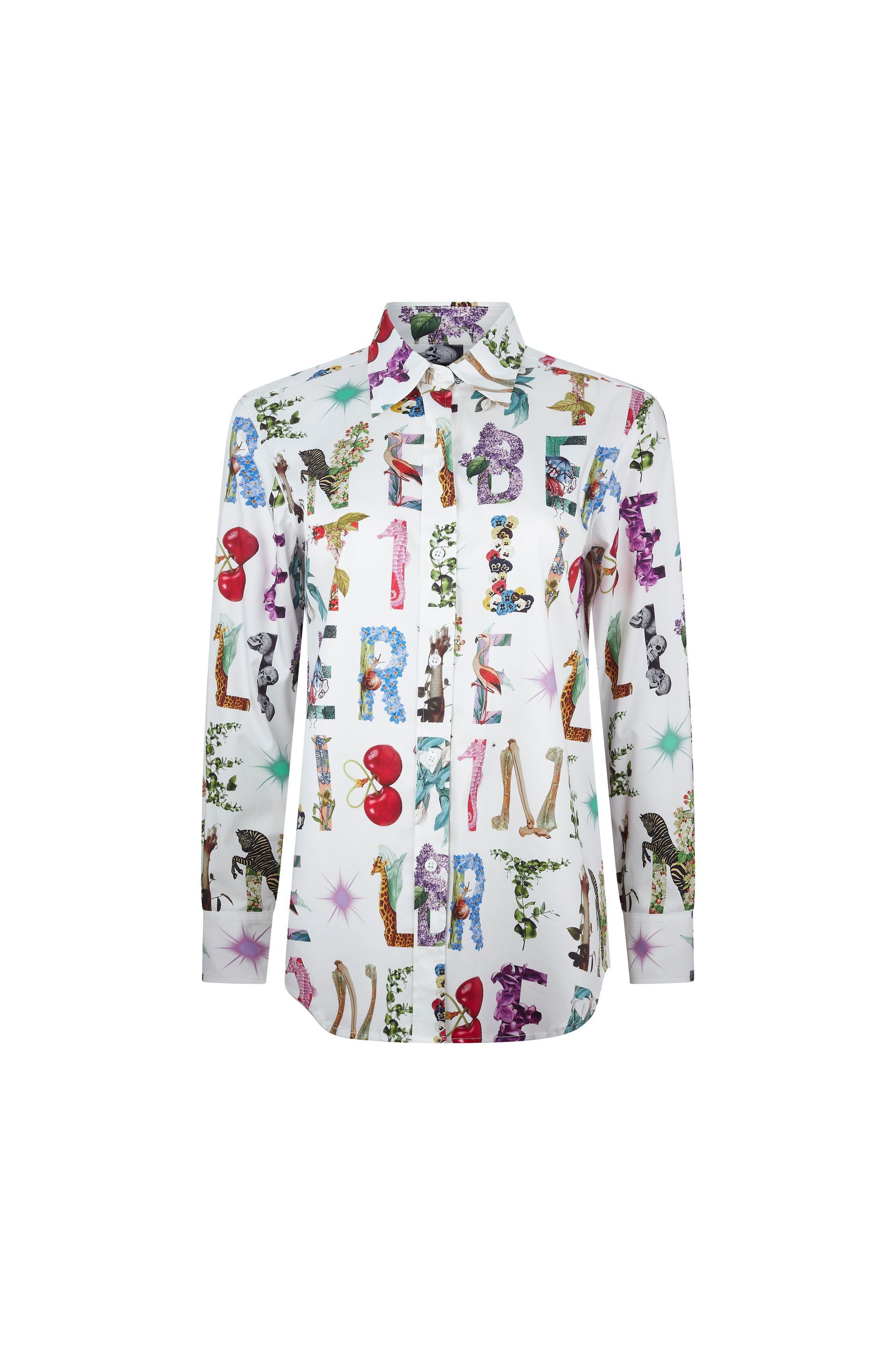 A white shirt with flowers and letters on it
