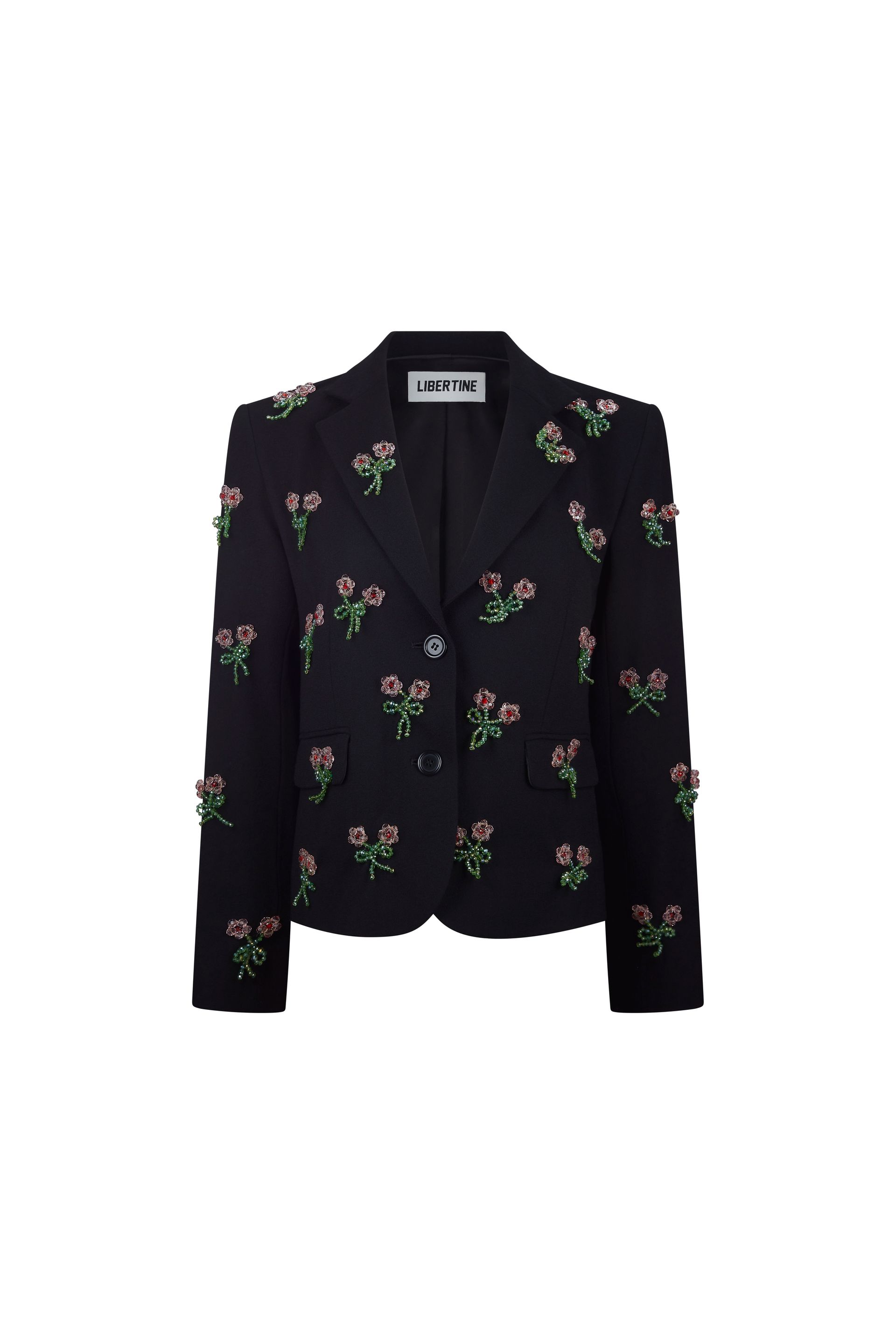 A black jacket with flowers embroidered on it