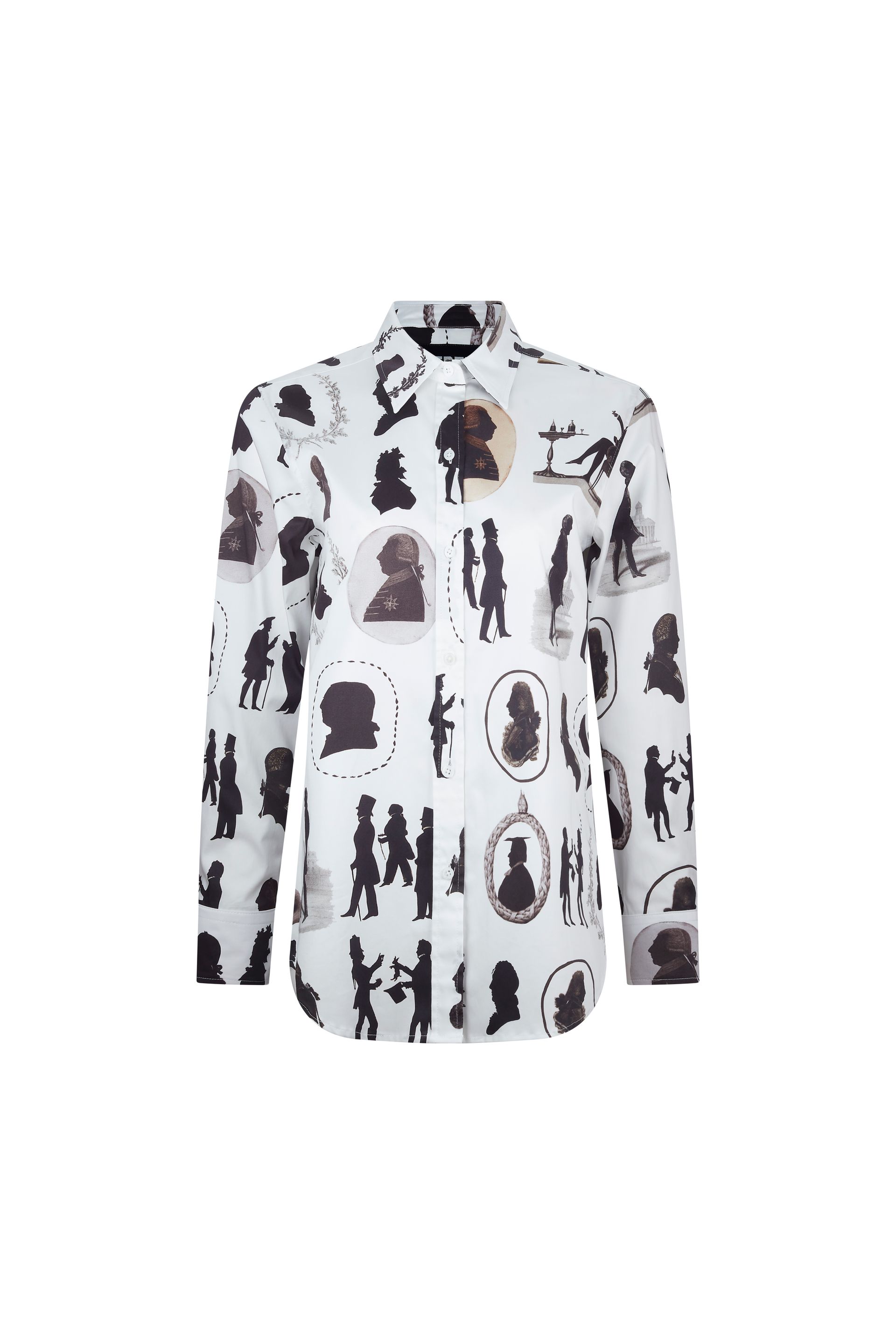 A white shirt with a black and white pattern on it