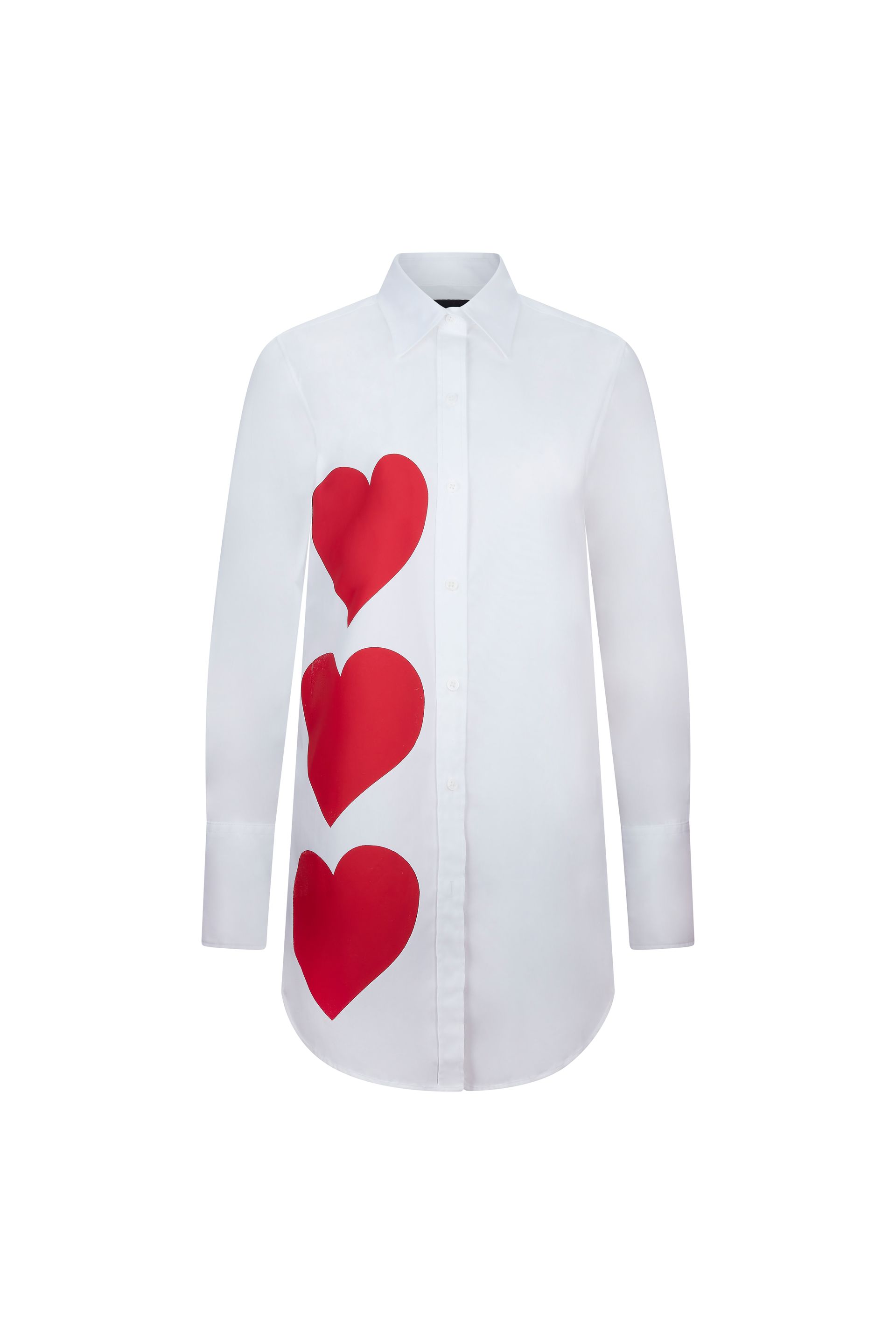 A white shirt with three red hearts on the side