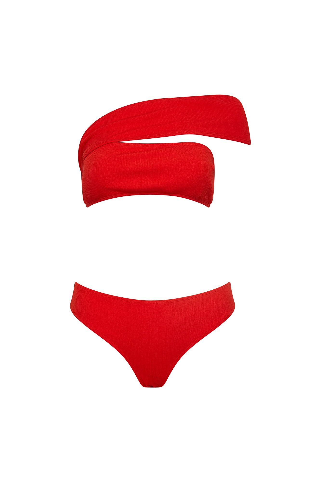 A red bikini top and bottom on a white background.