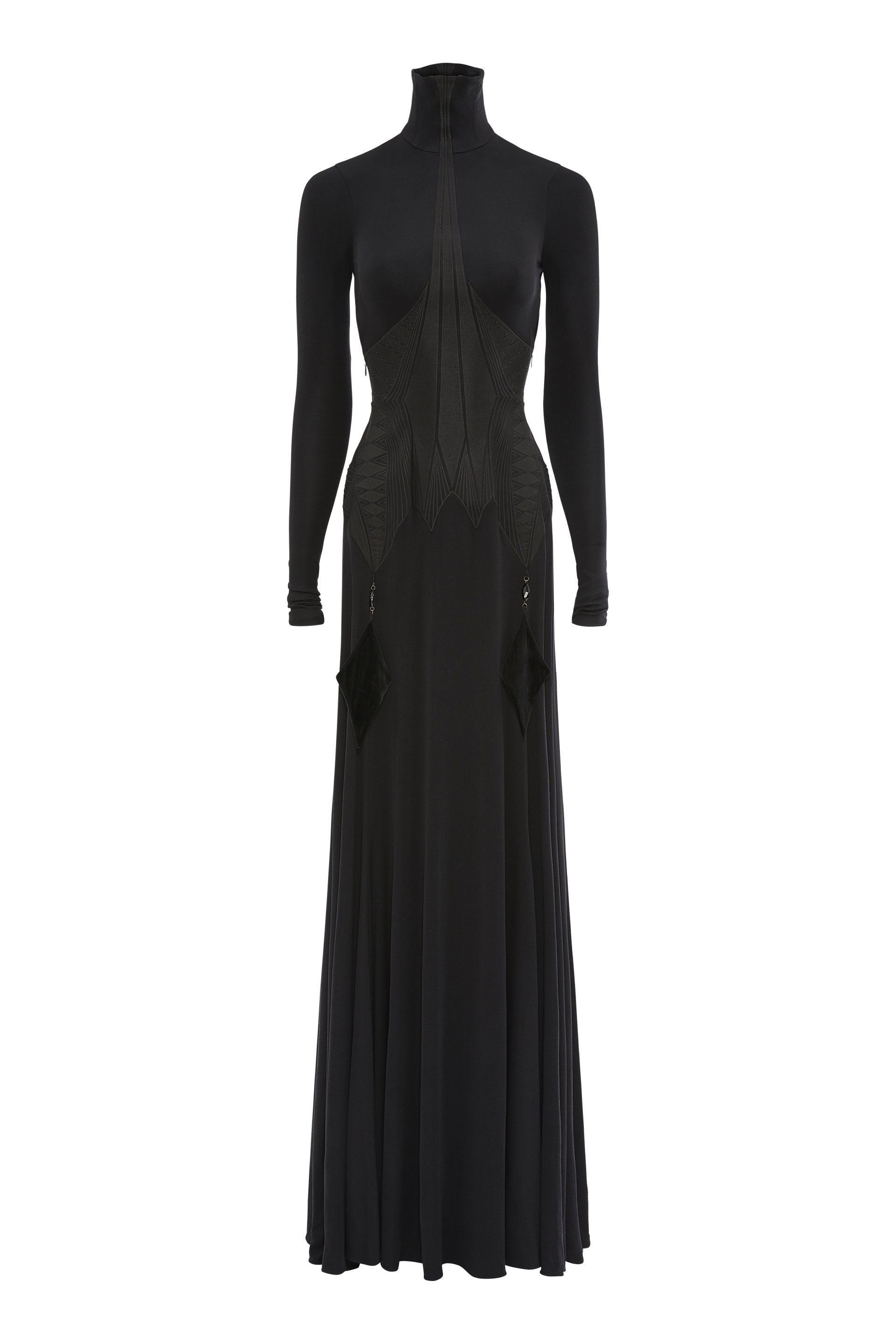 A black dress with long sleeves and a turtleneck is on a mannequin.