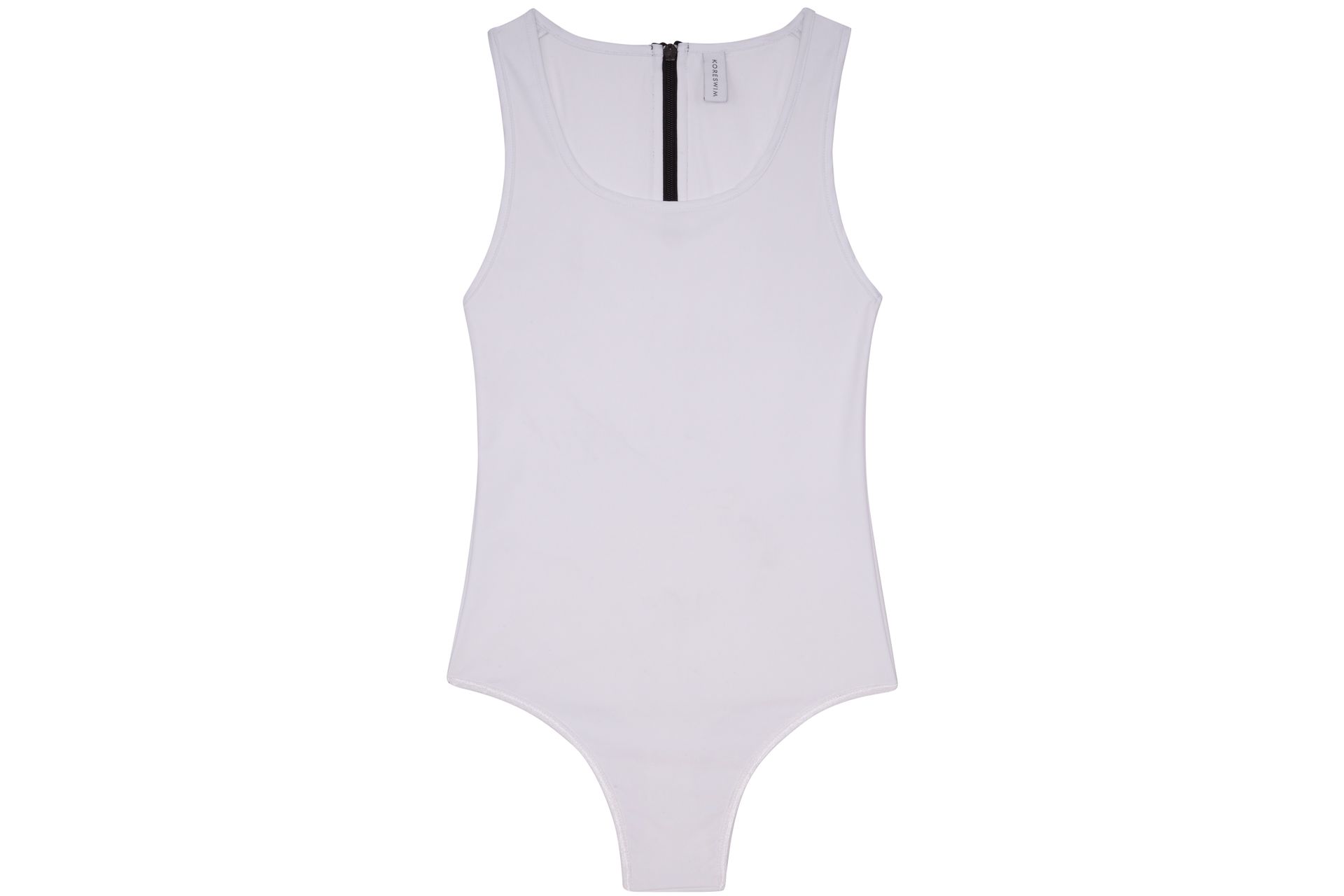 A white bodysuit with a black zipper on the front on a white background.