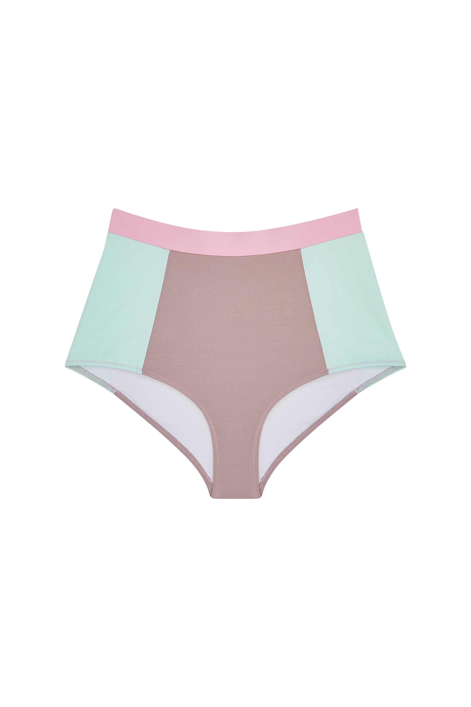 A pair of multicolored high waisted bikini bottoms on a white background