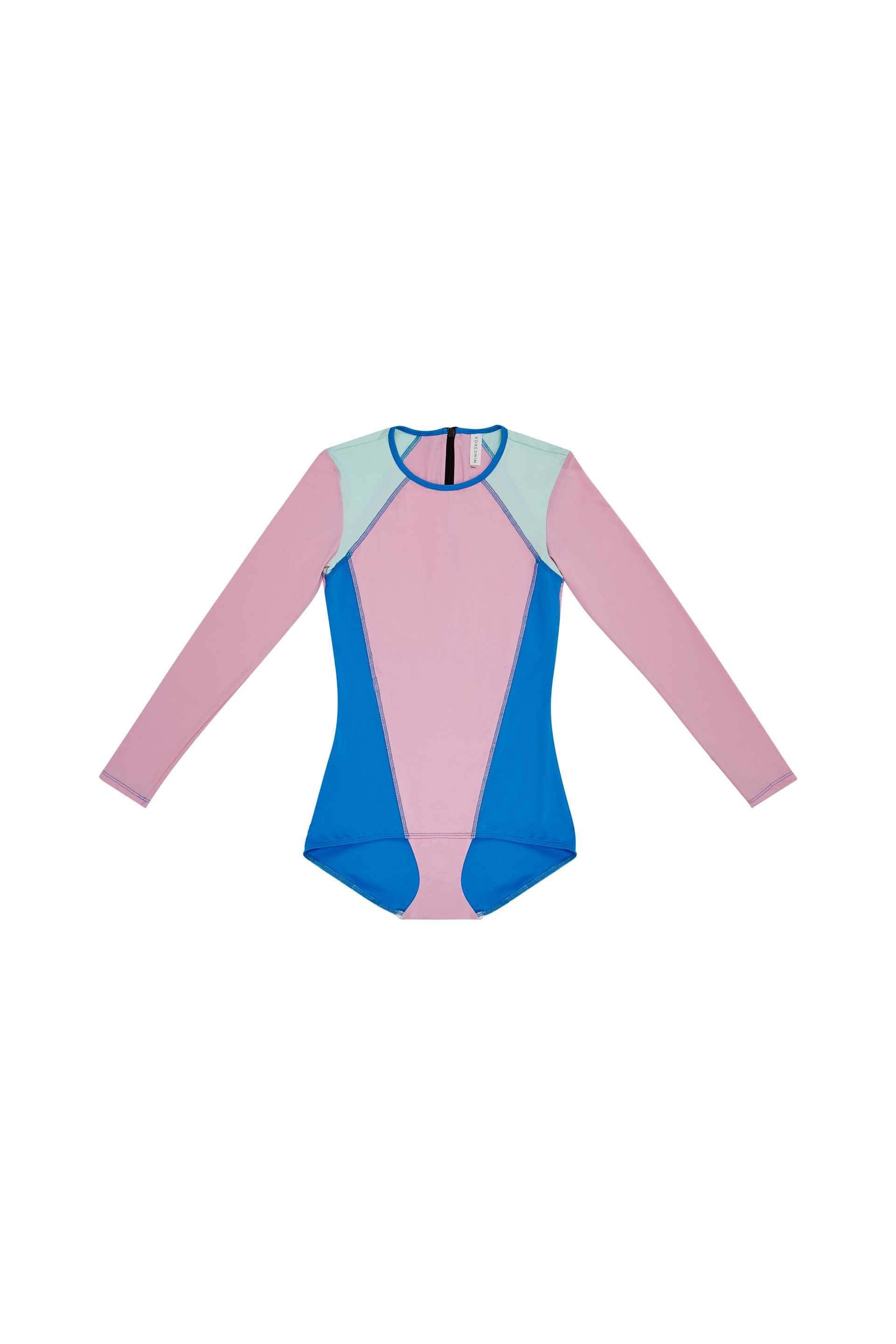 A pink and blue swimsuit with long sleeves on a white background.