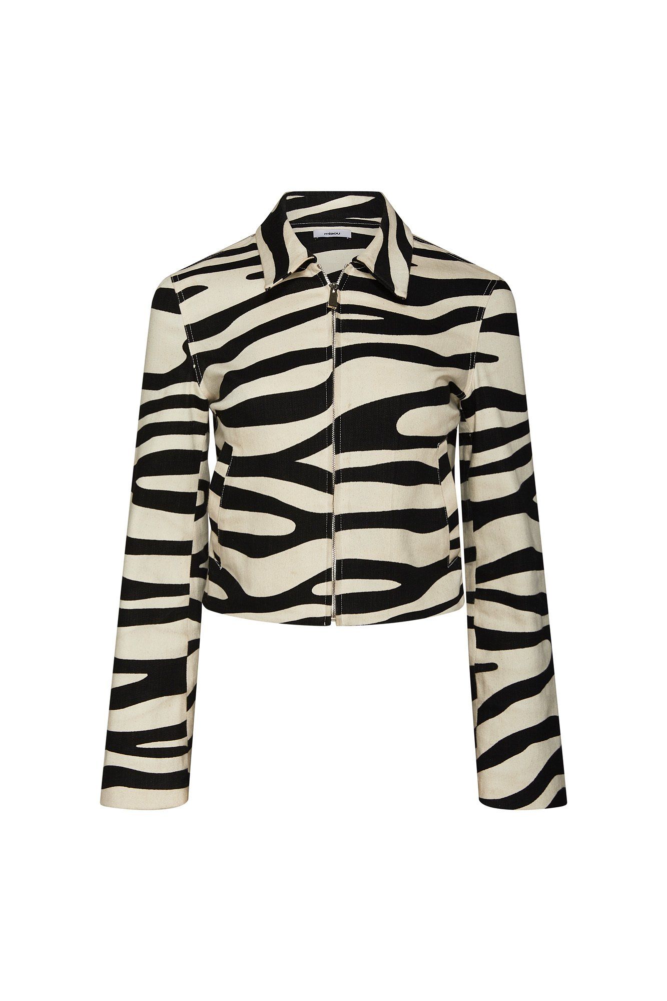 A black and white zebra print jacket with a zipper on a white background.