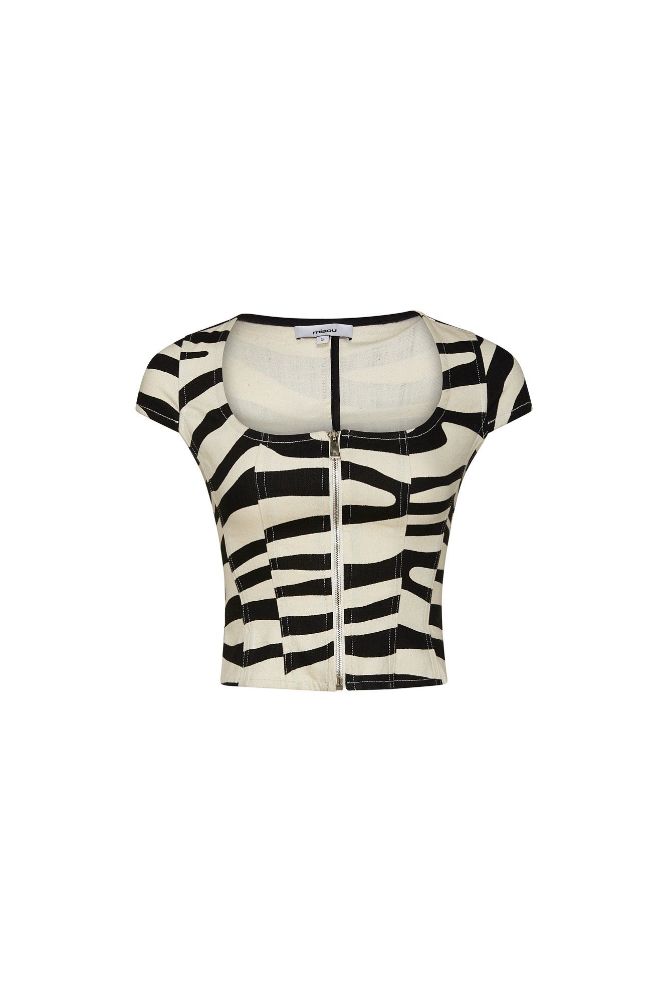 A black and white zebra print crop top with short sleeves and a zipper.