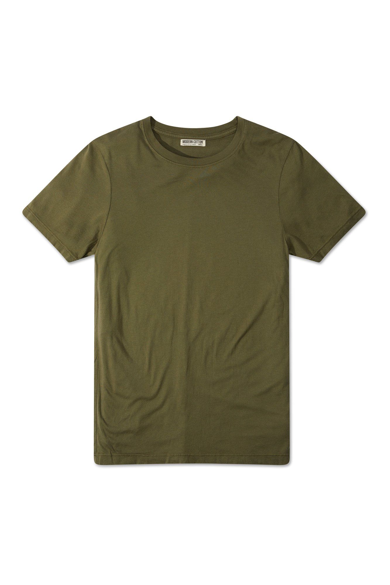 A green t-shirt with short sleeves on a white background.