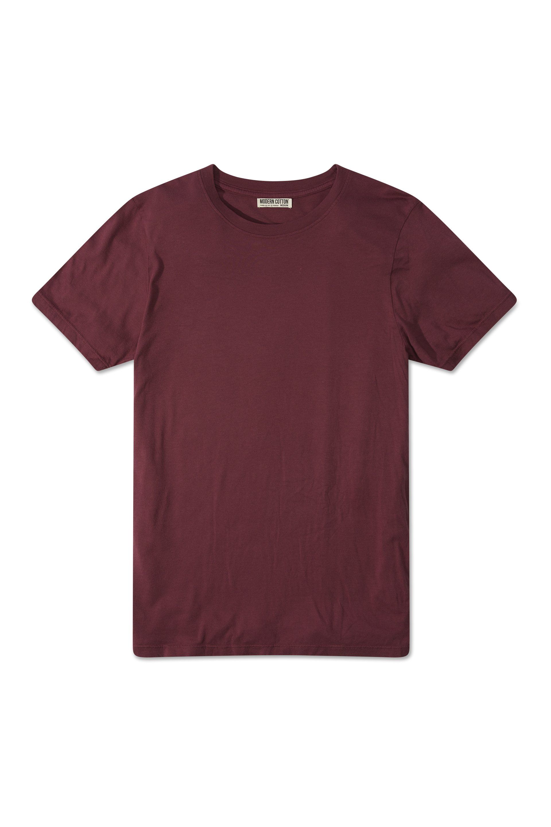 A maroon t-shirt with short sleeves on a white background.