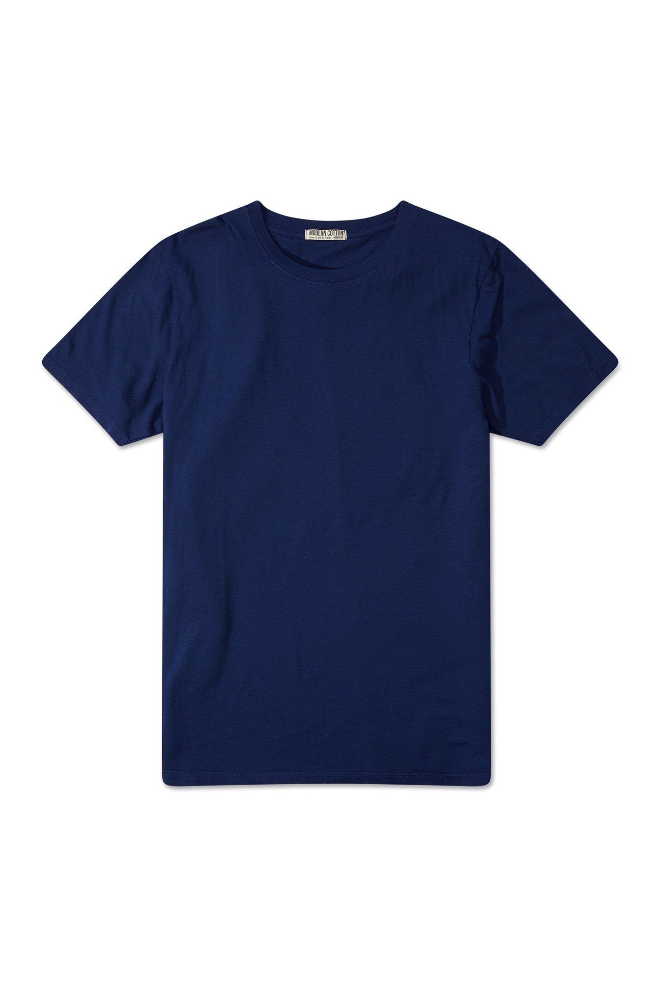 A blue t-shirt with short sleeves on a white background.