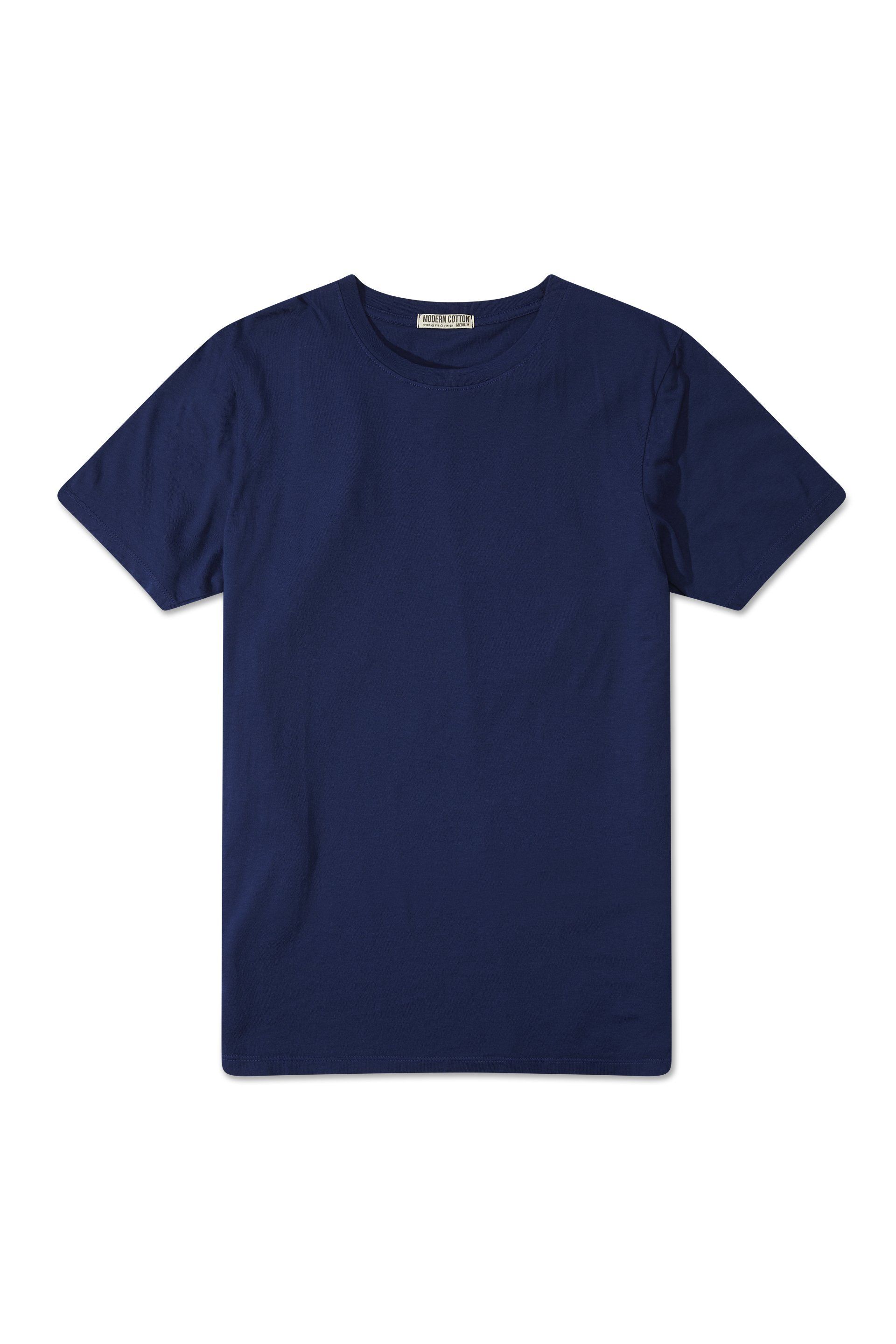 A blue t-shirt is shown on a white background.