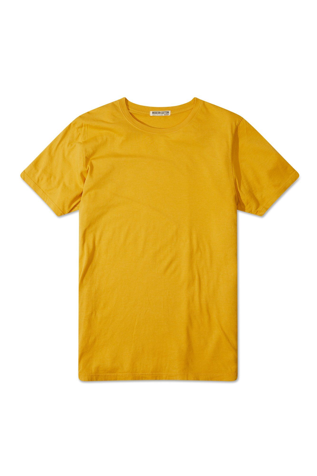 A yellow t-shirt with short sleeves is on a white background.