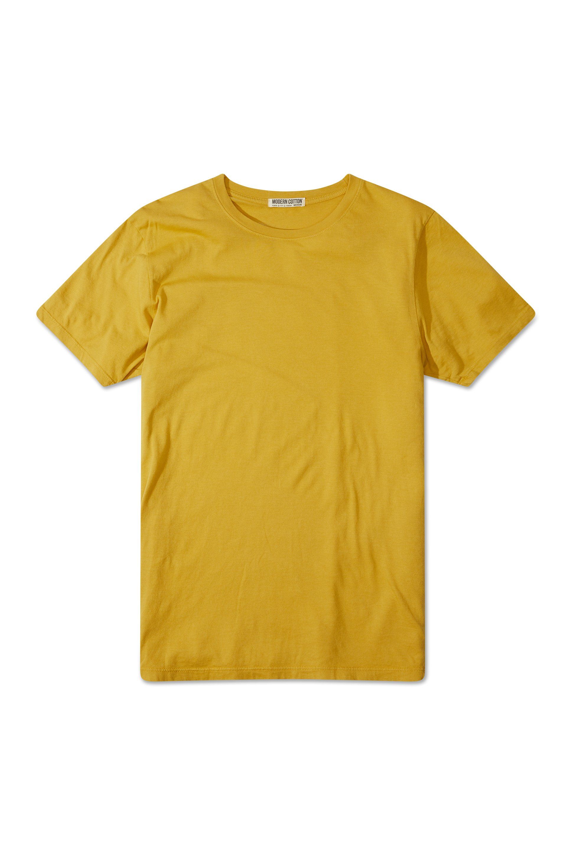 A yellow t-shirt with short sleeves on a white background