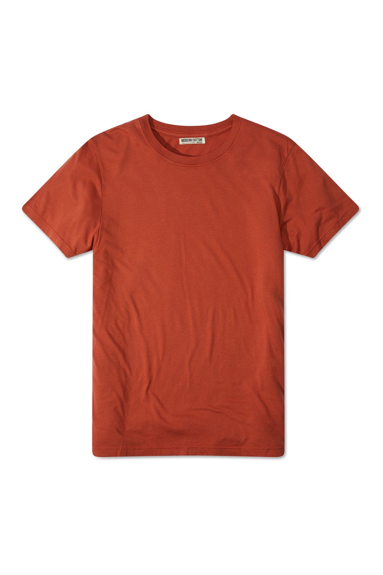 A red t-shirt with short sleeves is on a white background.