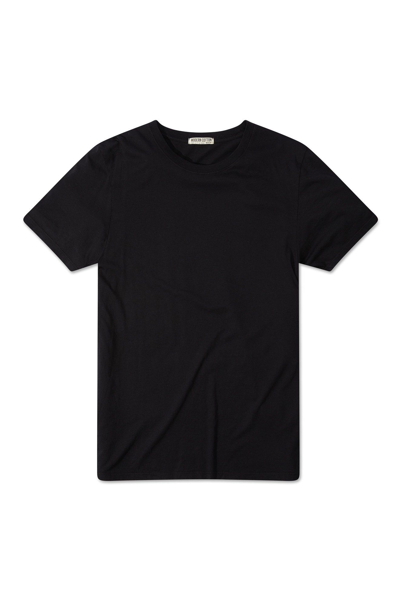 A black t-shirt with short sleeves on a white background.