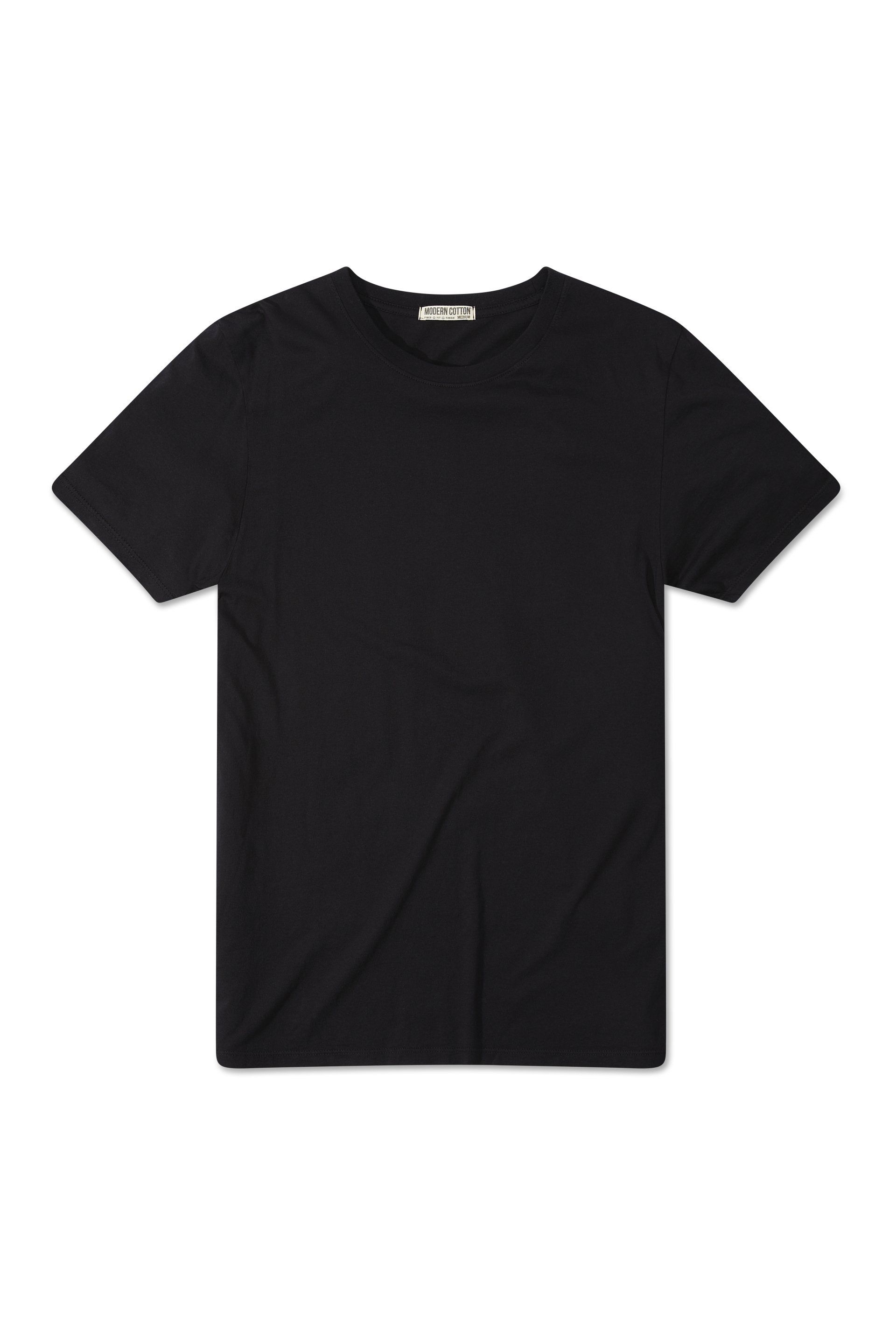 A black t-shirt with short sleeves on a white background.