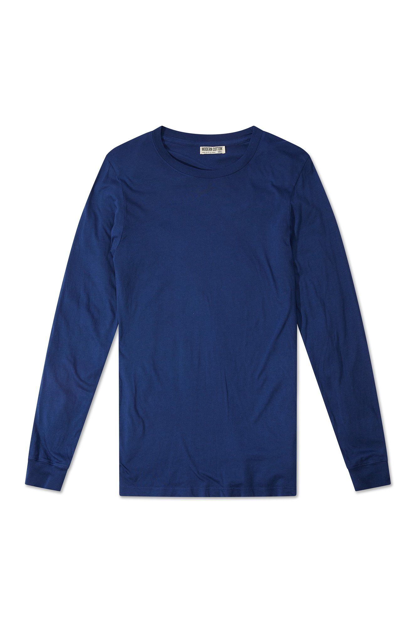 A blue shirt with long sleeves and a round neck