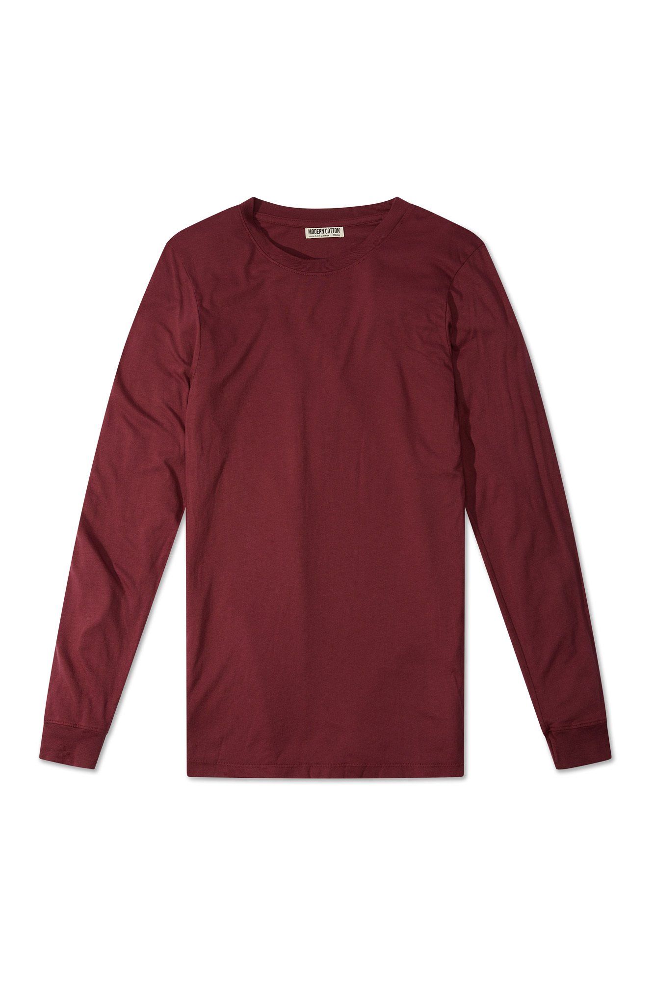 A maroon shirt with long sleeves and a round neck