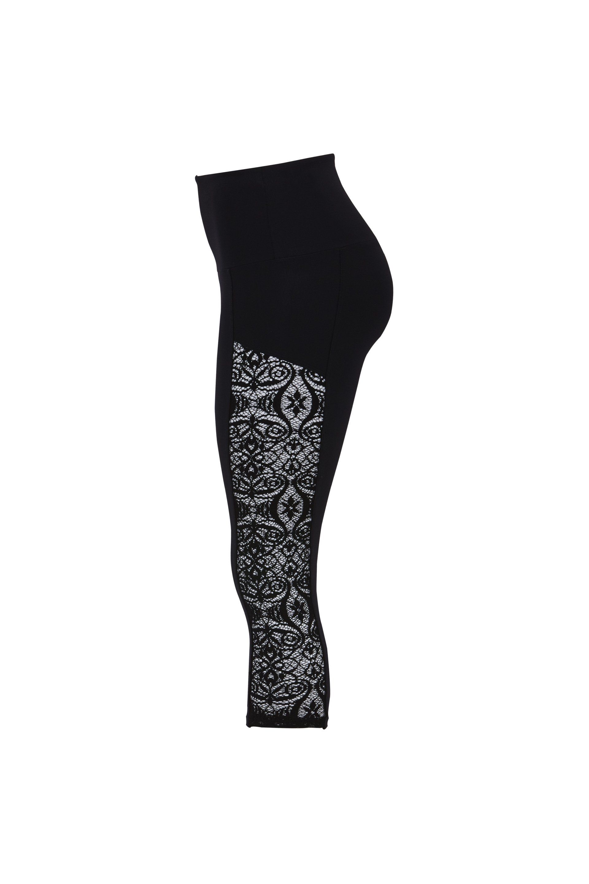 A pair of black leggings with a white lace pattern on the side.