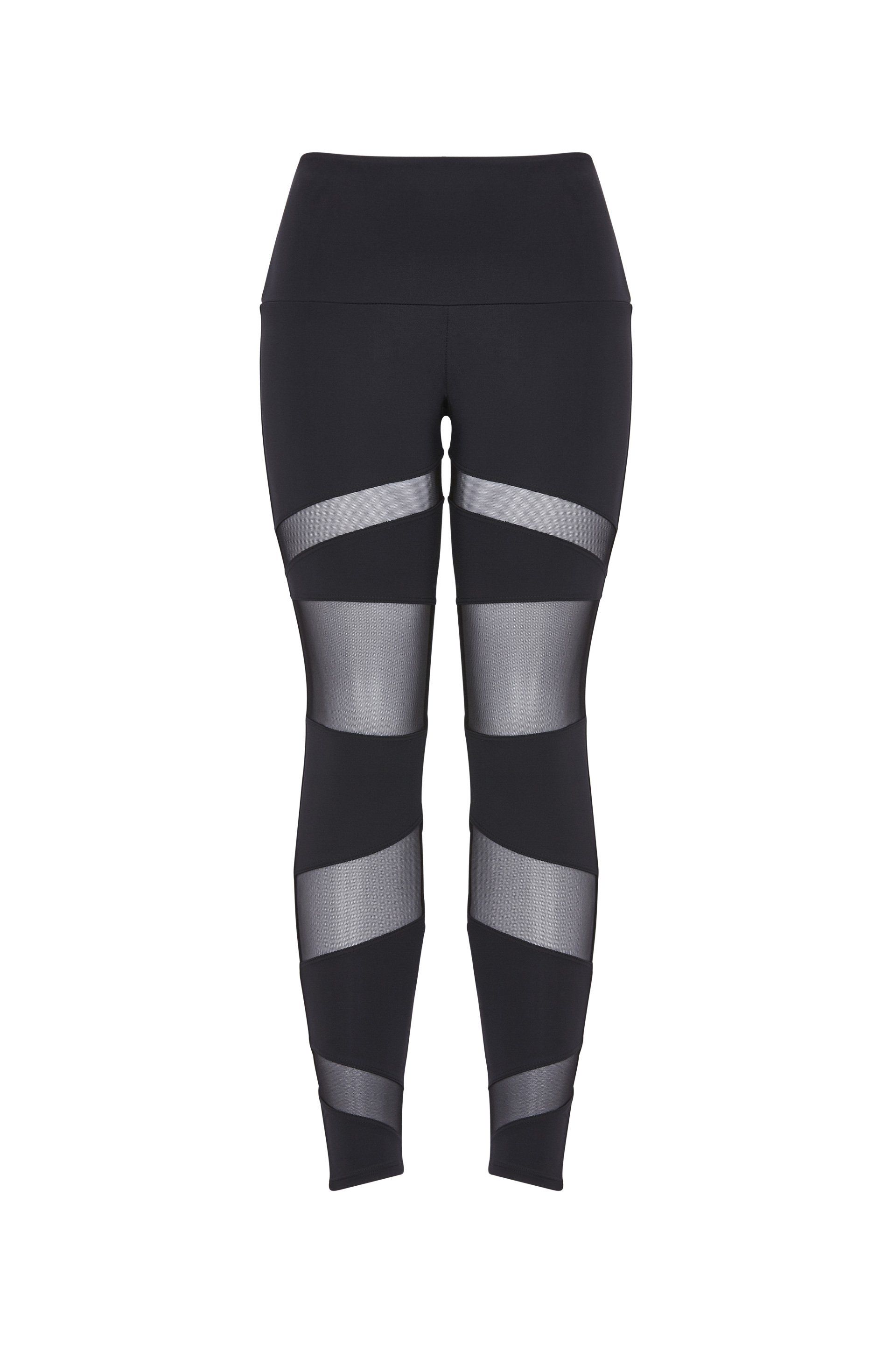 A pair of black leggings with mesh stripes on the side on a white background.
