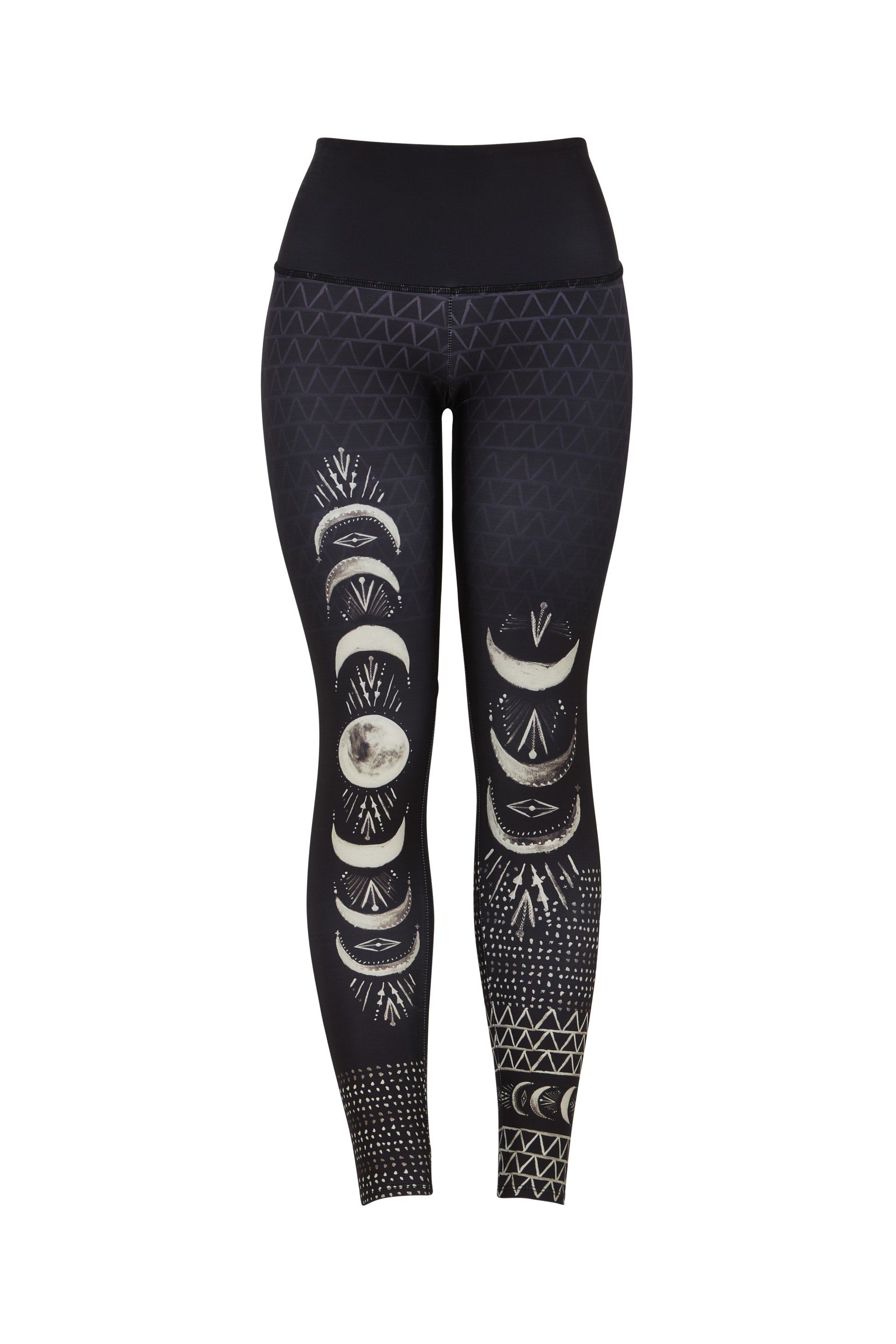 A pair of black leggings with the phases of the moon on them.